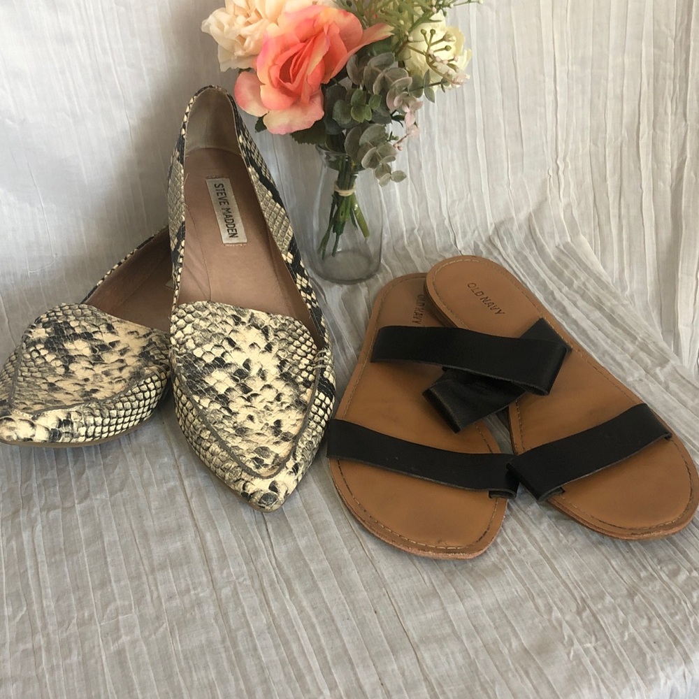 STEVE MADDEN shoes Sz 10 snake print pointed toe & OLD NAVY black flat sandals